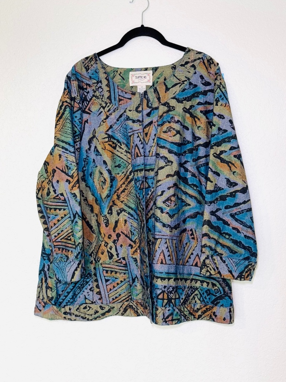 Tantrums Denim Jacket Womens 3X Open Front Cotton Blazer Colorful Art to Wear